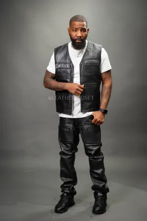 Men's 2 Live and Die Vest With Leather Cargo Pants [Black/Black]