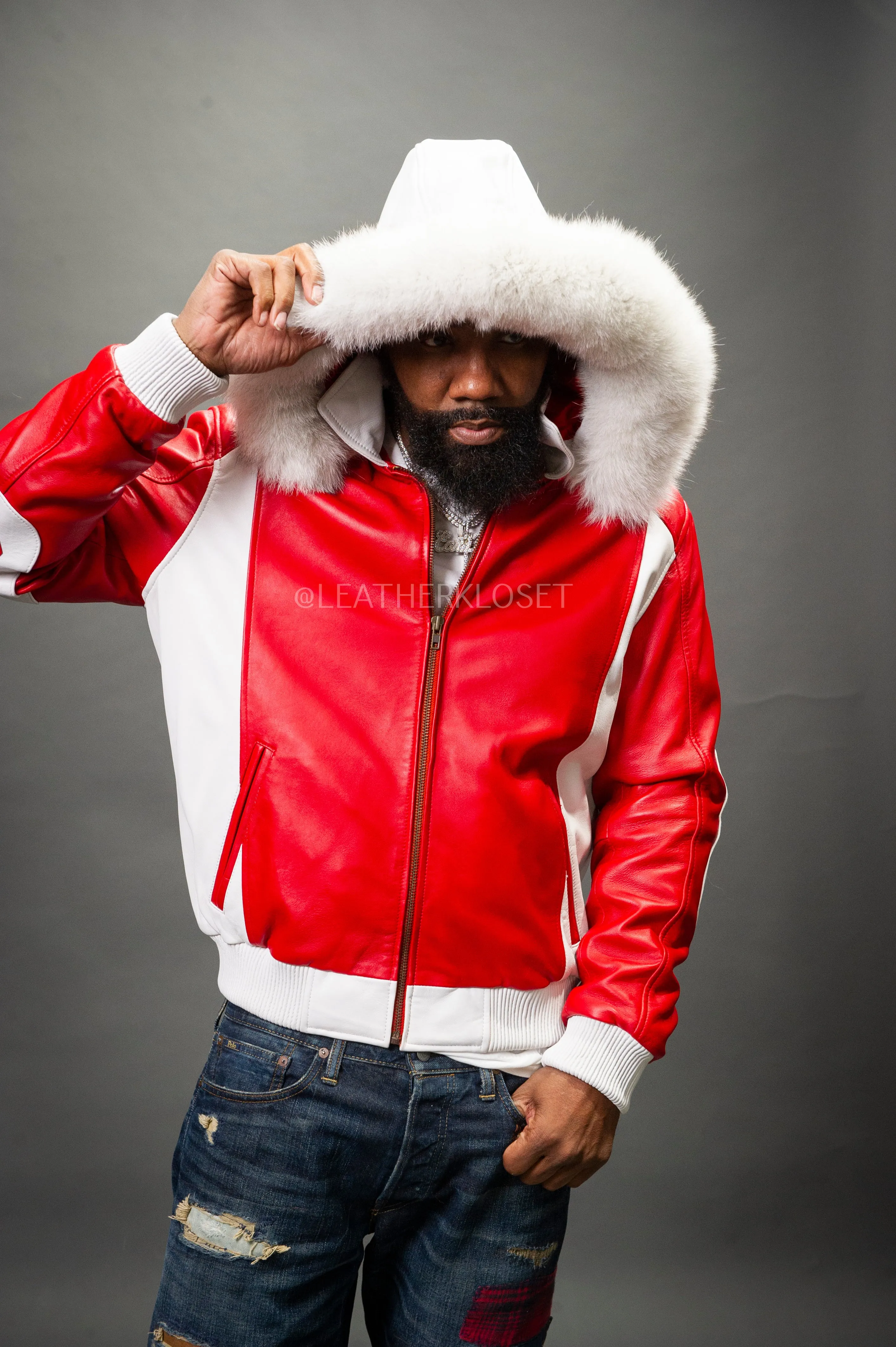 Men's 8 Ball Leather Jacket With Fox Hood [White/Red]