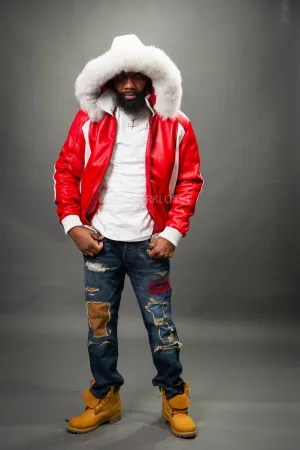 Men's 8 Ball Leather Jacket With Fox Hood [White/Red]