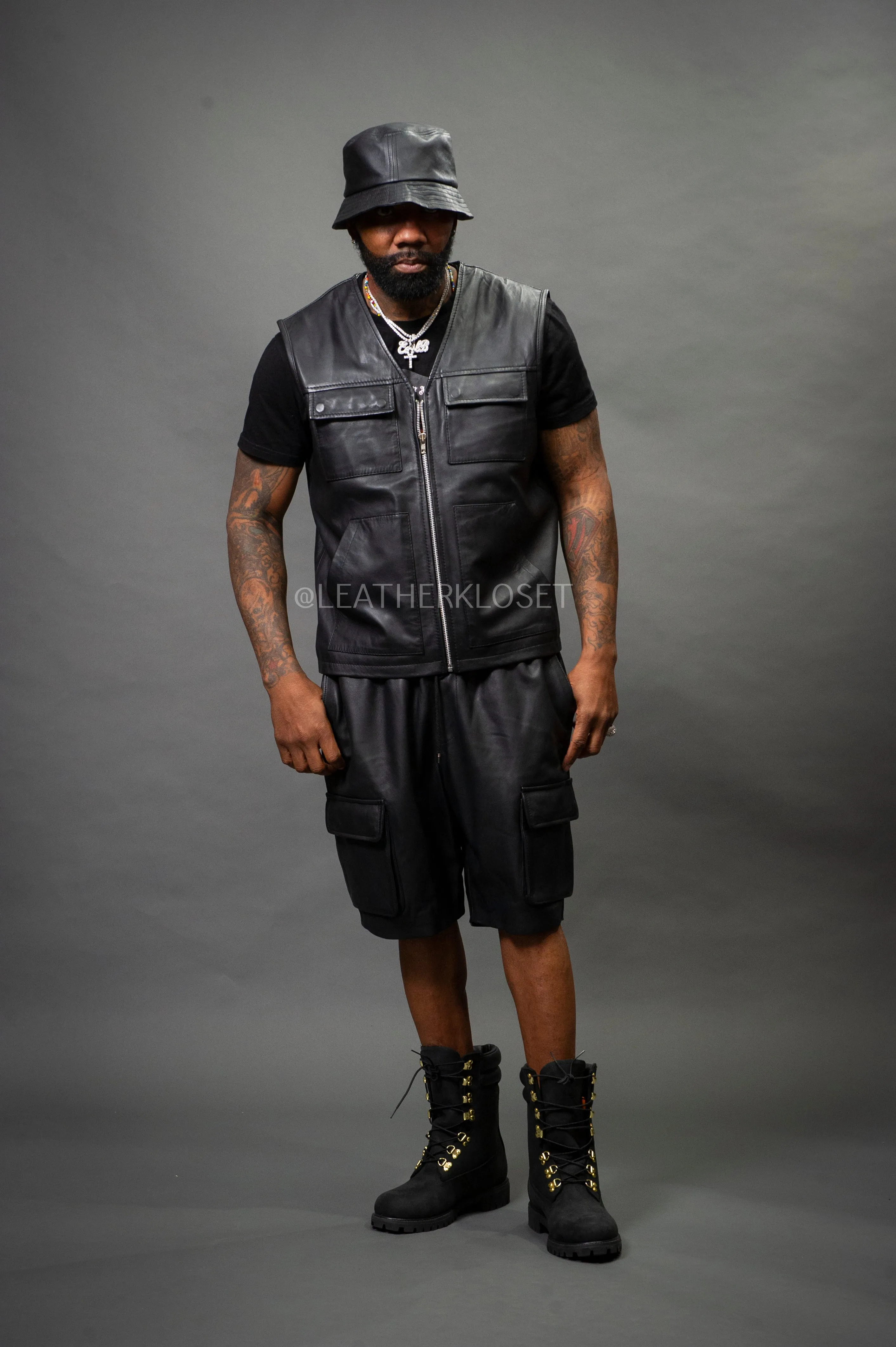 Men's Bless Set Leather Vest & Leather Cargo Shorts [Black]