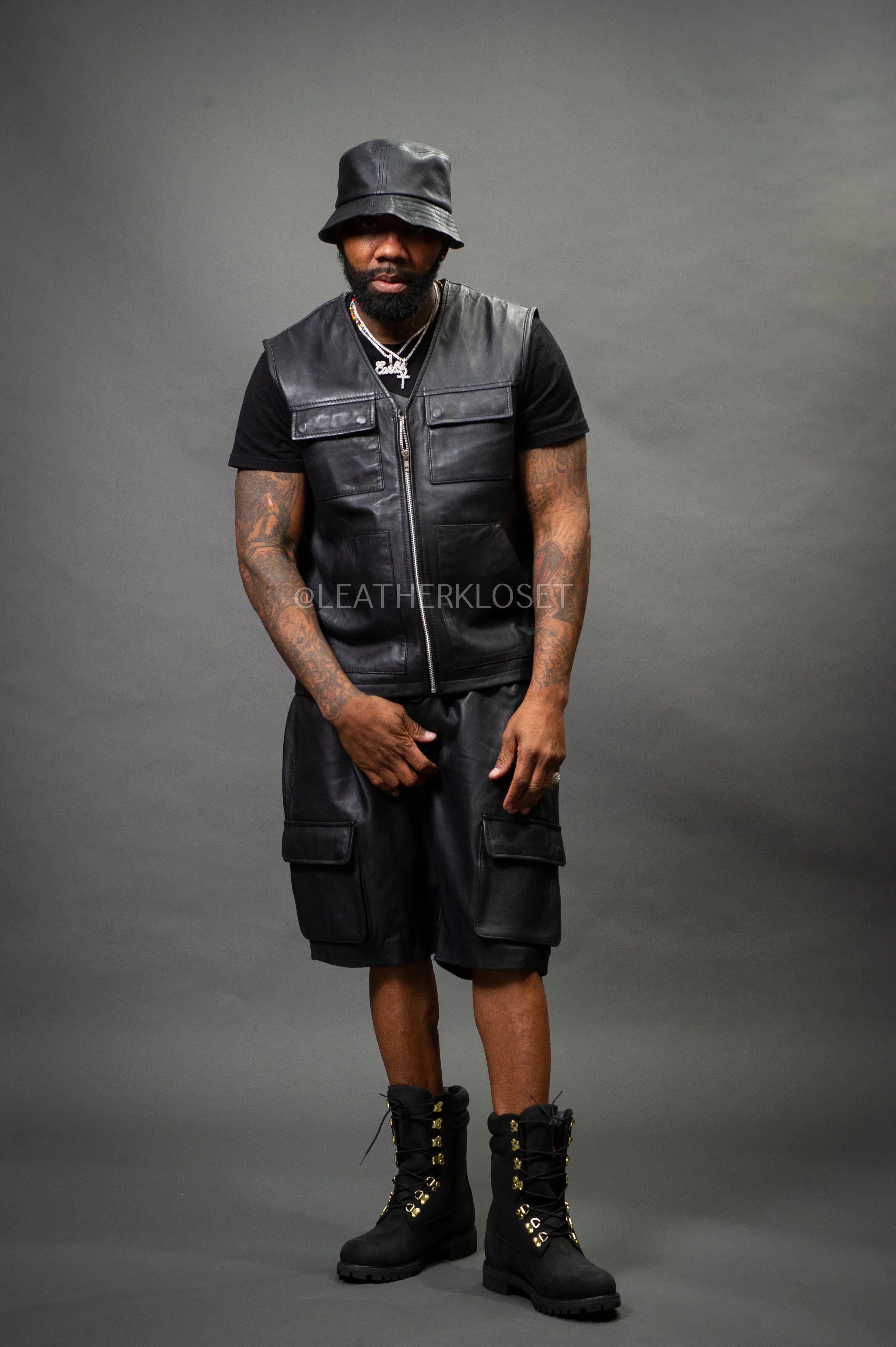 Men's Bless Set Leather Vest & Leather Cargo Shorts [Black]