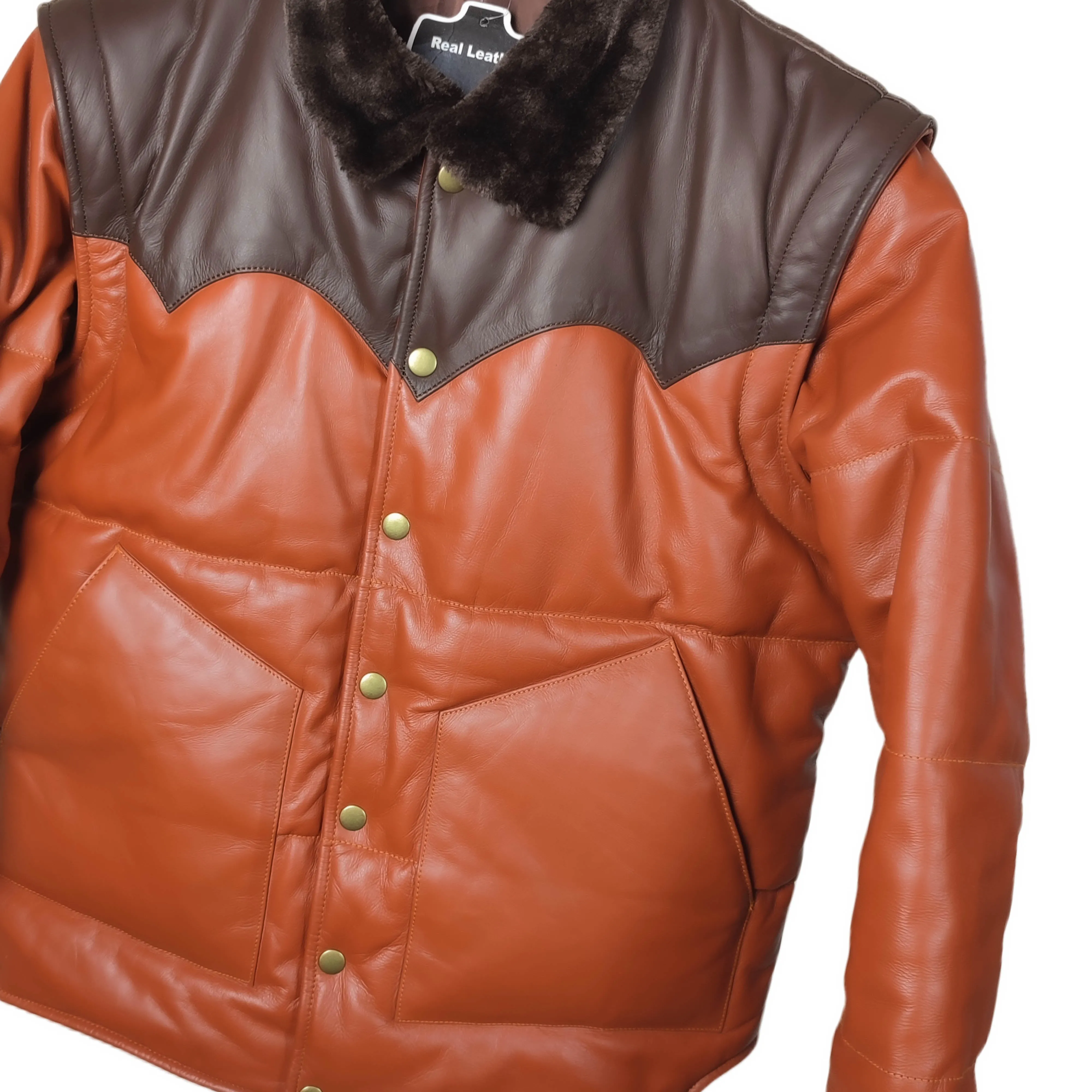 Men's Brown Designer Puffer Leather Jacket - Brando 2.0