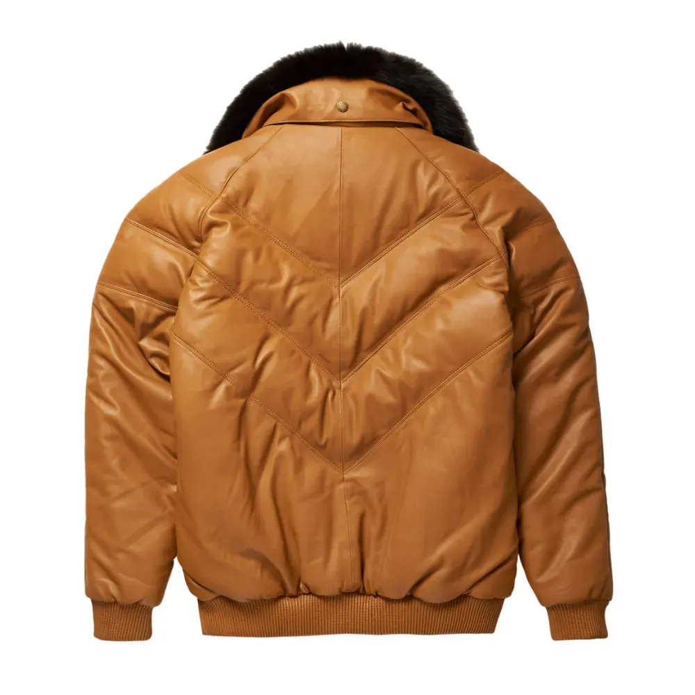 Mens Brown Leather V Bomber Jacket