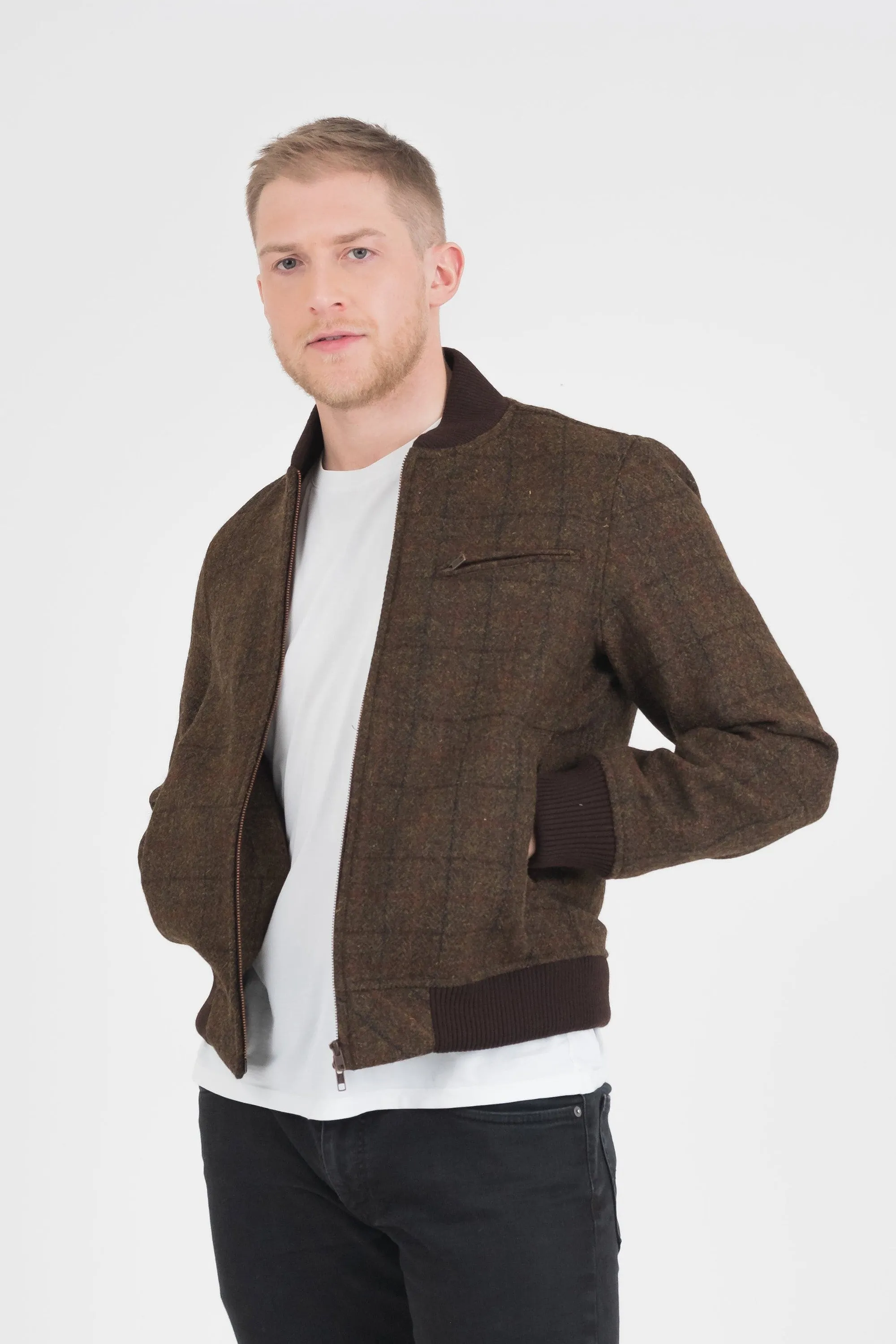 Men's Harris Tweed Bomber Jacket - Green Check