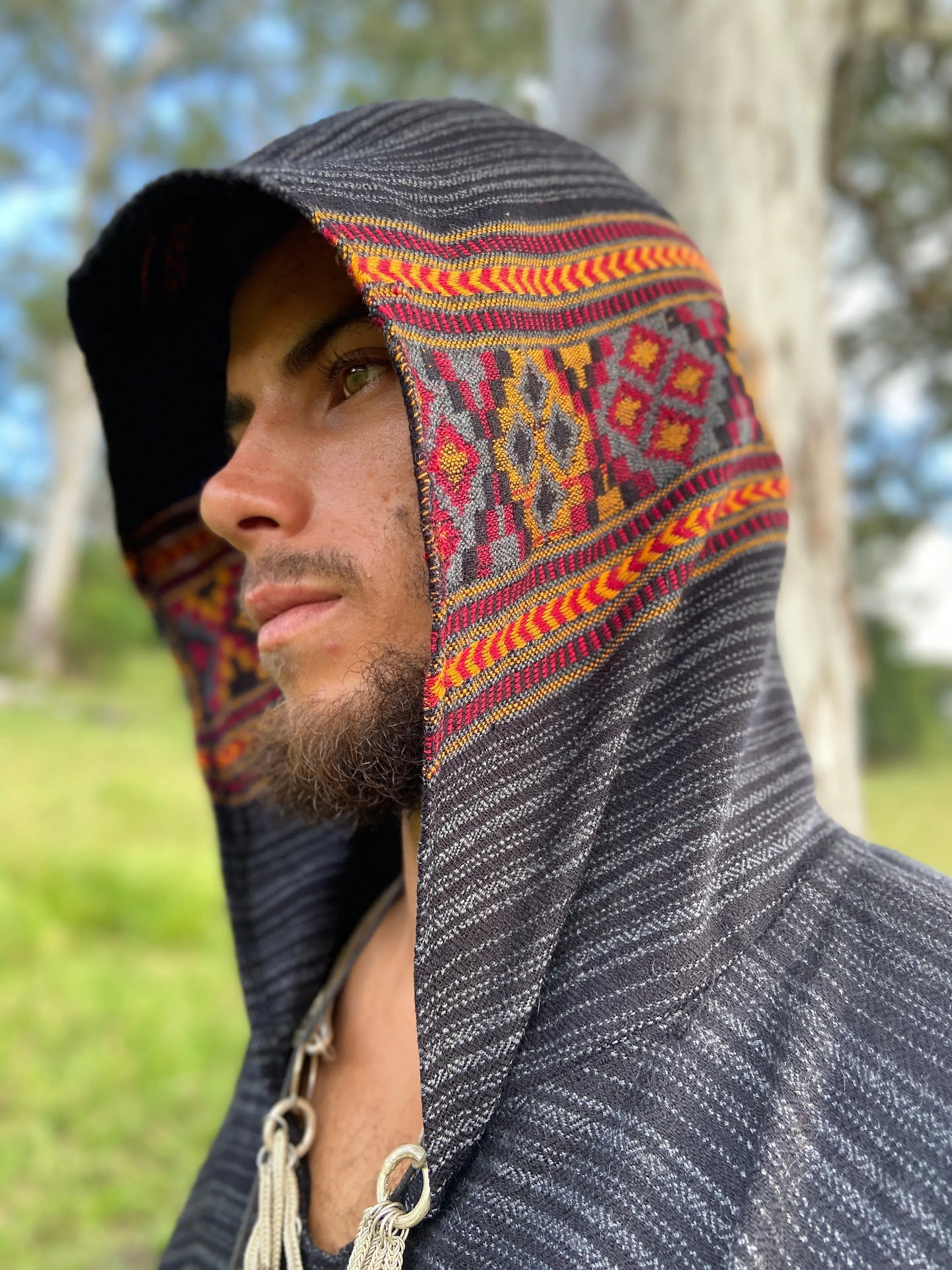 Mens Hooded Poncho Long Grey and Black Cashmere Wool with Tribal Embroidery, Large Hood, Pockets, Hippie, Primitive, Gypsy, Boho, AJJAYA