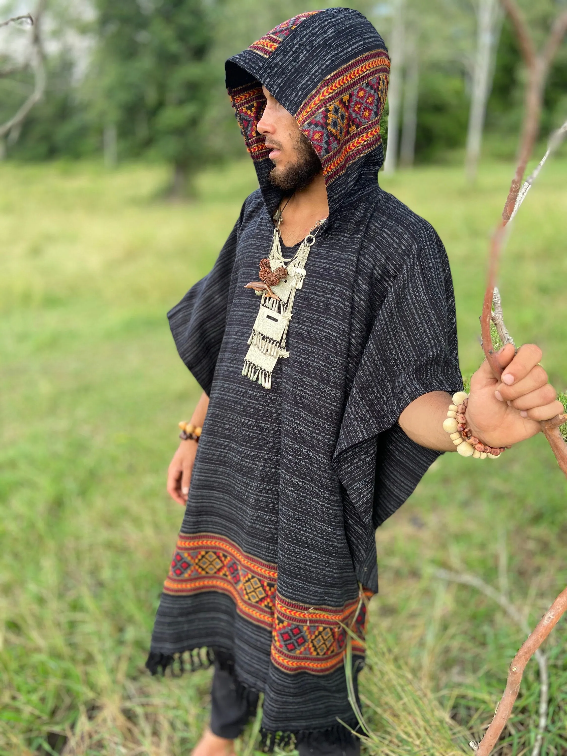 Mens Hooded Poncho Long Grey and Black Cashmere Wool with Tribal Embroidery, Large Hood, Pockets, Hippie, Primitive, Gypsy, Boho, AJJAYA