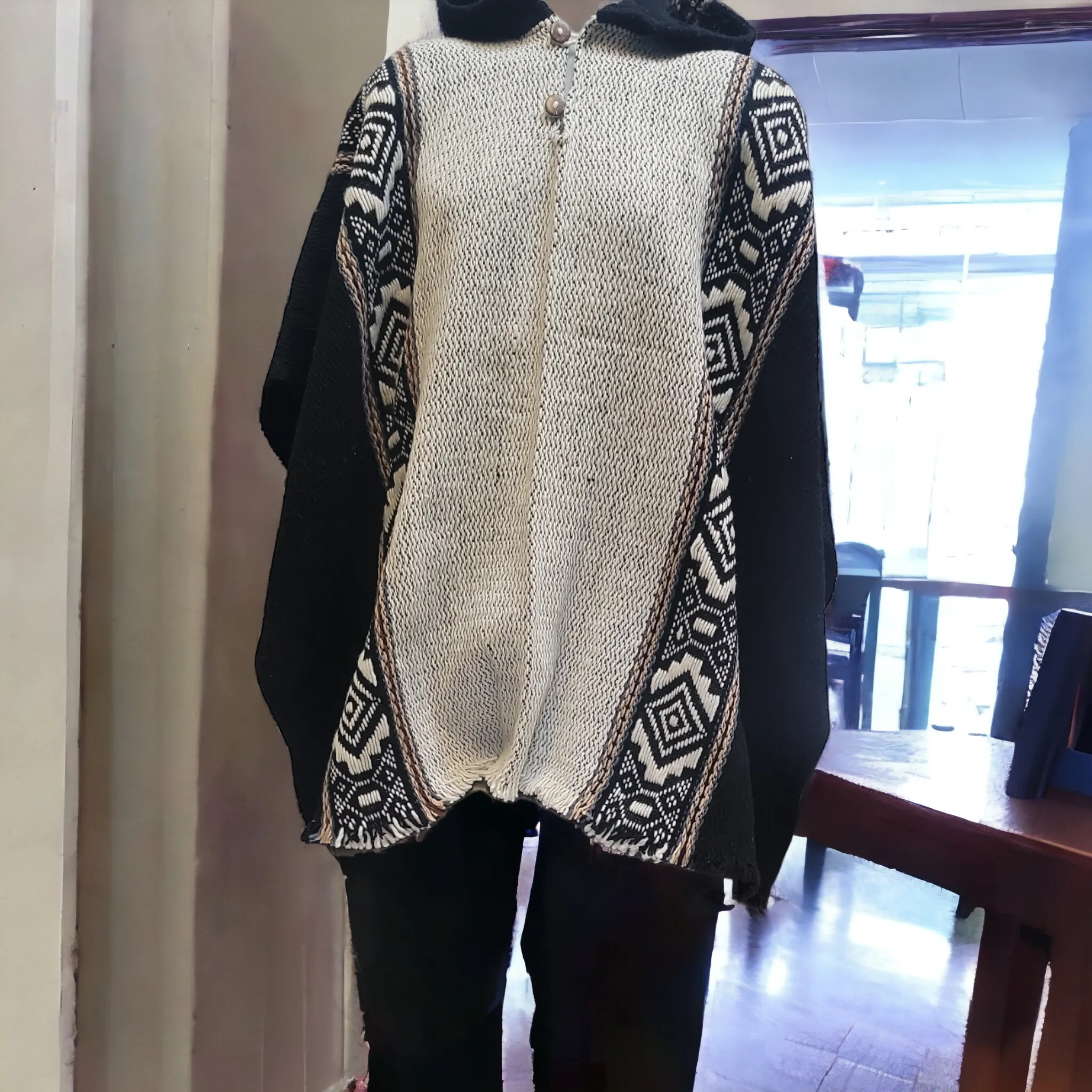 Men's indigenous Black and White fair trade poncho