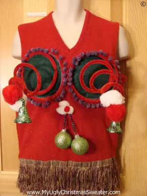 Mens Naughty Tacky Ugly Christmas Sweater Vest with Funny Springy 3D Accents and Dangling Balls and Fringe (r25)