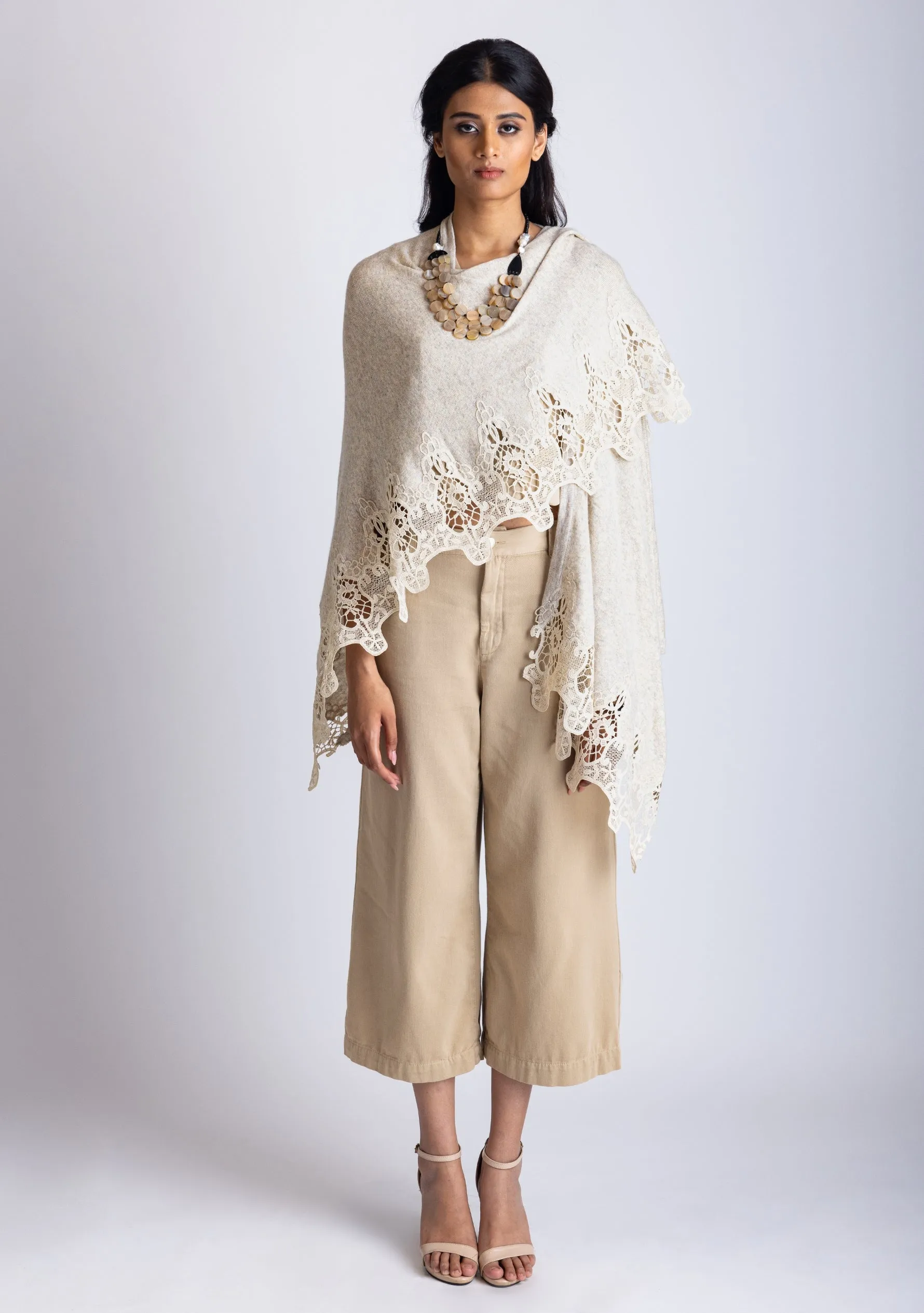 Oatmeal Melange Knitted Fine Wool Cape with Oatmeal Lace Application