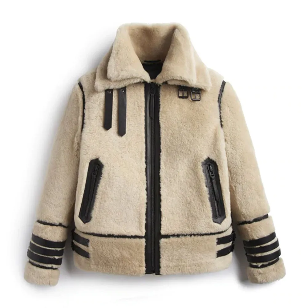 Off White Shearling Leather Jacket With Strips