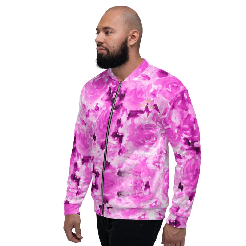 Pink Rose Bomber Jacket, Floral Print Best Unisex Jacket For Men or Women-Made in EU