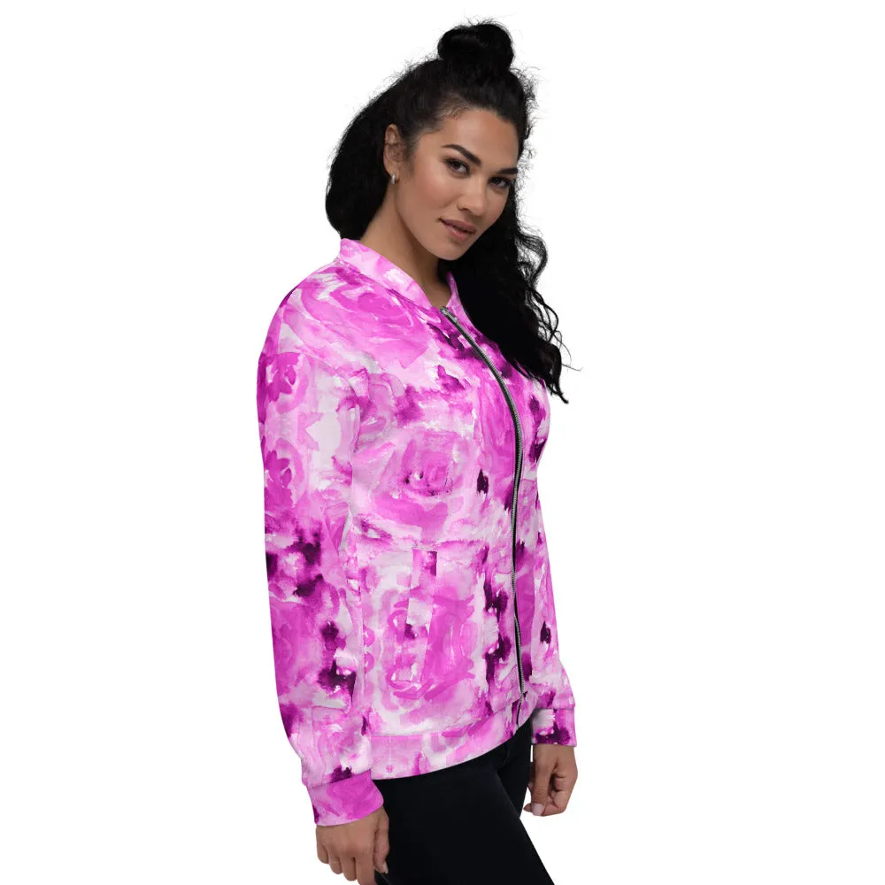 Pink Rose Bomber Jacket, Floral Print Best Unisex Jacket For Men or Women-Made in EU