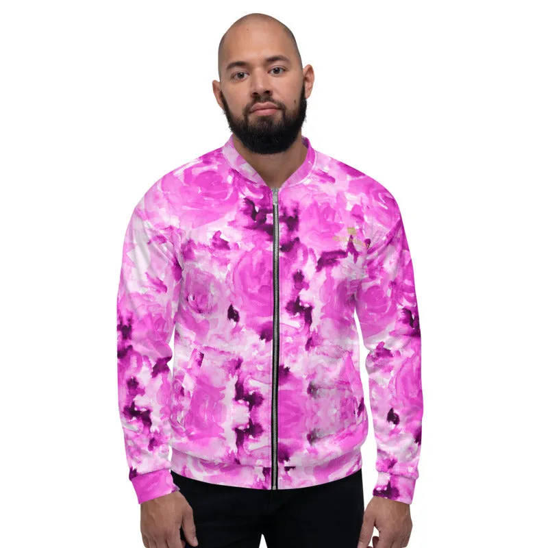 Pink Rose Bomber Jacket, Floral Print Best Unisex Jacket For Men or Women-Made in EU