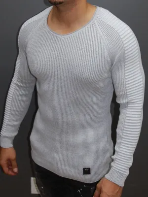 R&R Men Stylish Side Arm Ribbed V Neck Sweater - White