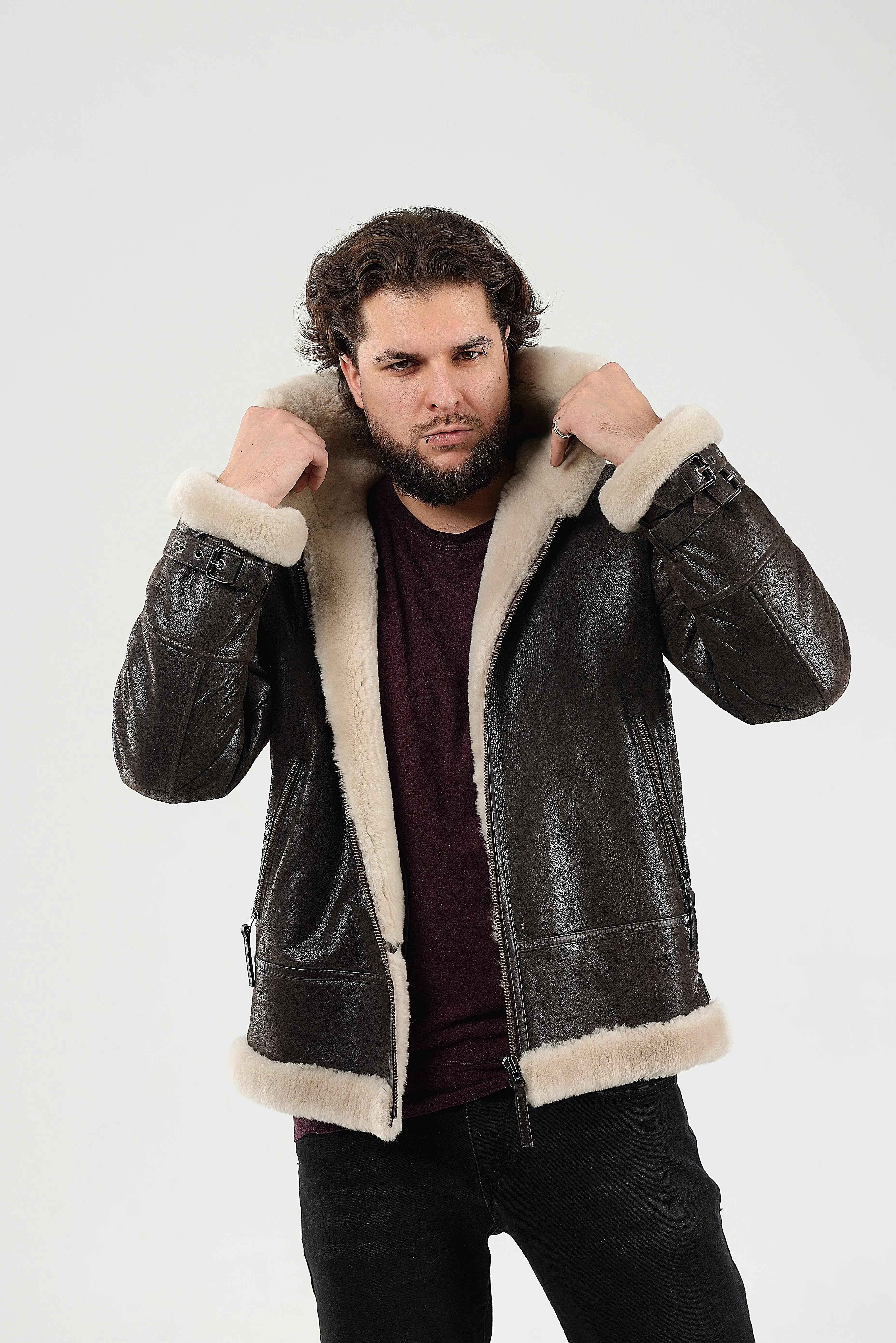 Real Winter Leather Mens Shearling Heiko Jacket with Fur Collar