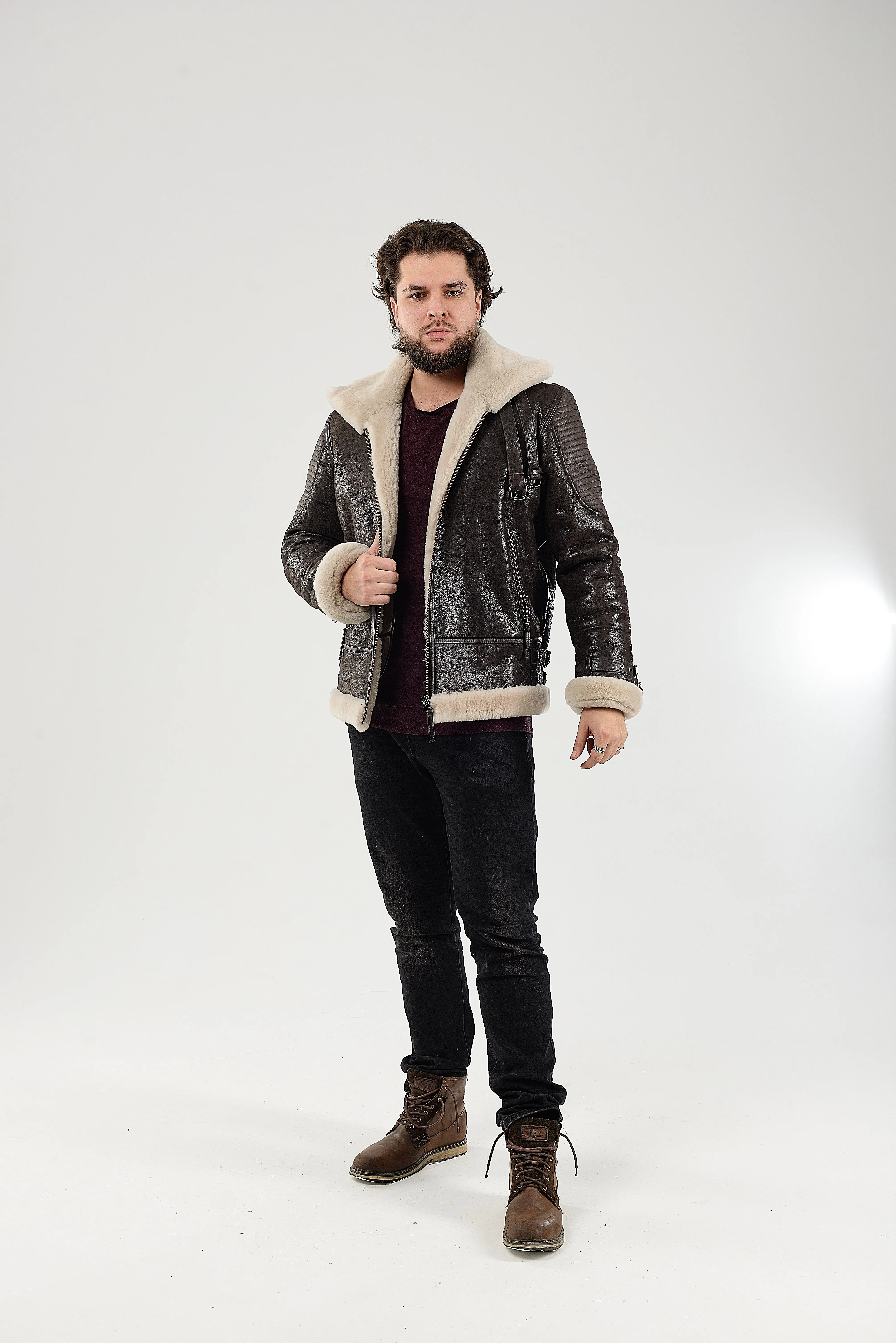 Real Winter Leather Mens Shearling Heiko Jacket with Fur Collar