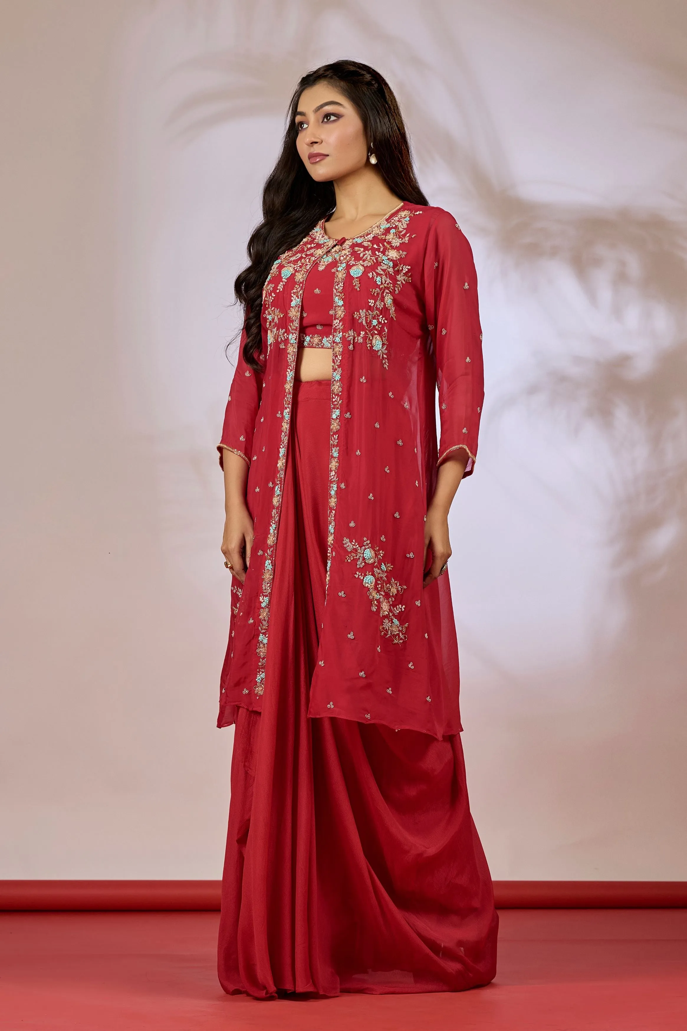 Rose Red Embellished Chinon Silk Cape Set