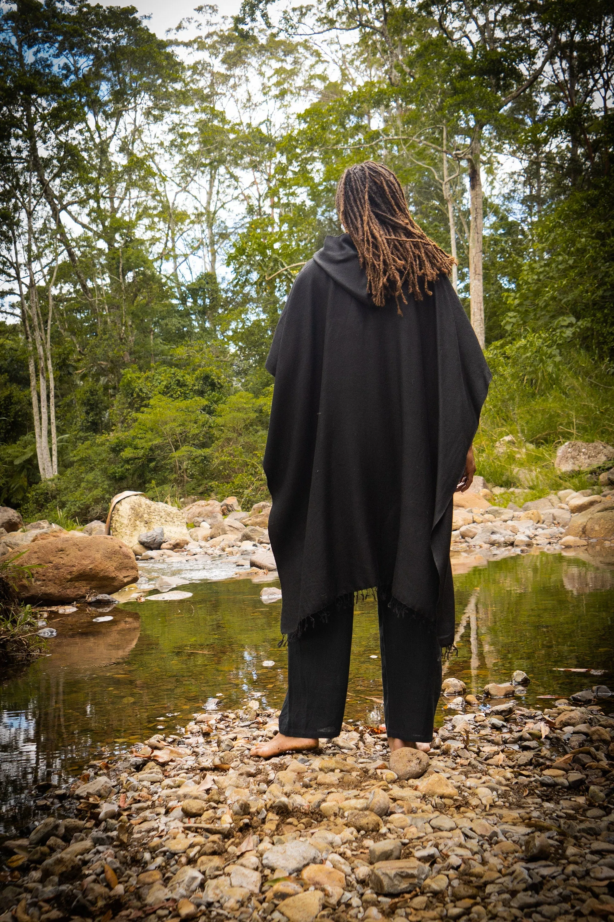 SAHAJI Poncho Black Pure Cashmere Wool Hooded Mens Long with Pockets Handmade Handwoven Viking Festival Ceremony Gypsy Boho Mexican AJJAYA