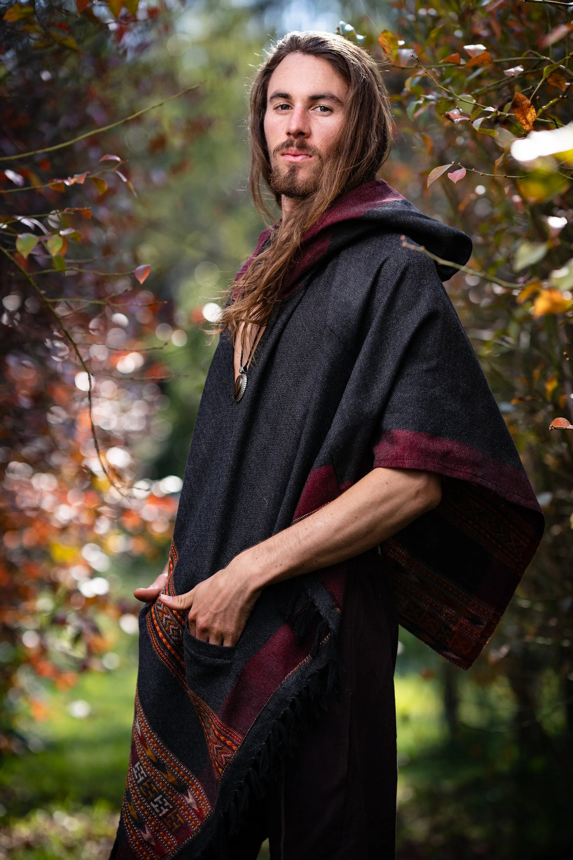 SAMADHI Mens Hooded Poncho Large Hood Yak Wool and Acrylic Wool Blend Dark Grey Tribal Embroidery Celtic Boho Festival Rave Mexican AJJAYA