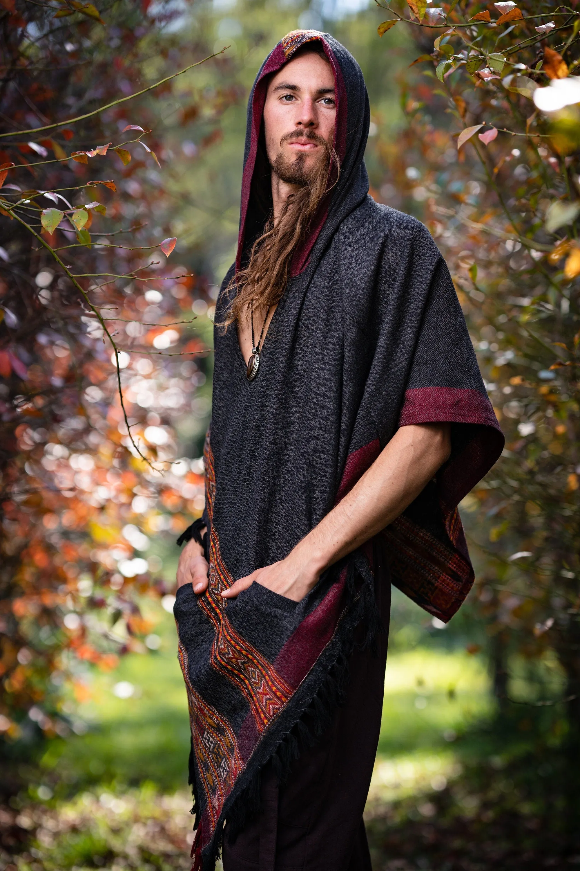 SAMADHI Mens Hooded Poncho Large Hood Yak Wool and Acrylic Wool Blend Dark Grey Tribal Embroidery Celtic Boho Festival Rave Mexican AJJAYA