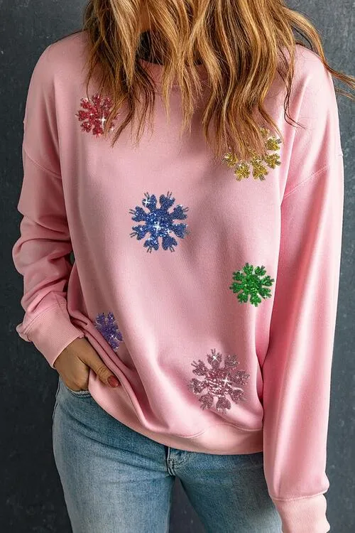 Sequin Snowflake Round Neck Sweatshirt