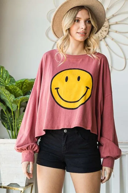 SMILEY FACE LONG SLEEVE CROP TOP - Online exclusive