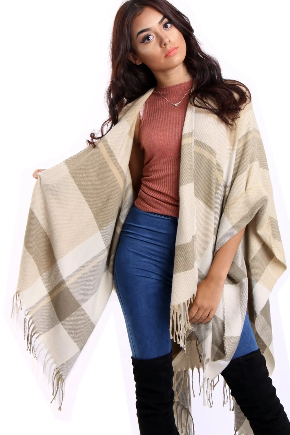 Stone Check Blanket Cape with Tassels