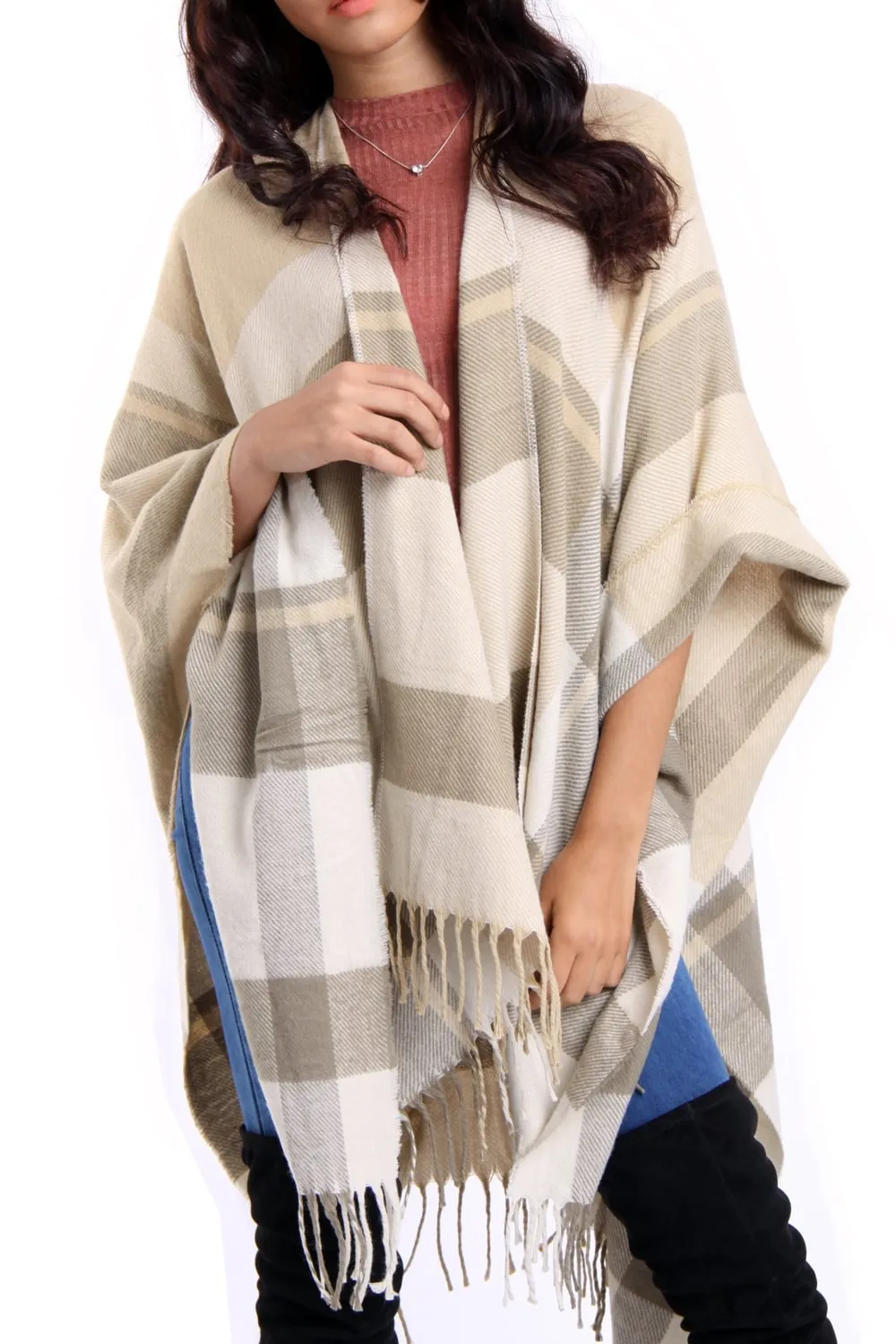 Stone Check Blanket Cape with Tassels