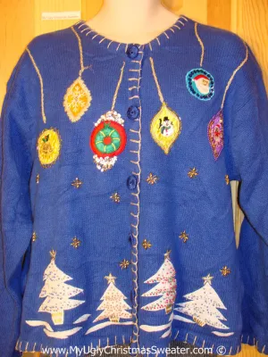 Tacky Blue Christmas Sweater with Ornaments and Trees (f1351)