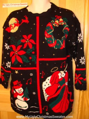 Tacky Ugly Christmas Sweater 80s Classic with Angel, Snowman, Poinsettias, Wreath, and Santa and Reindeer (f33)