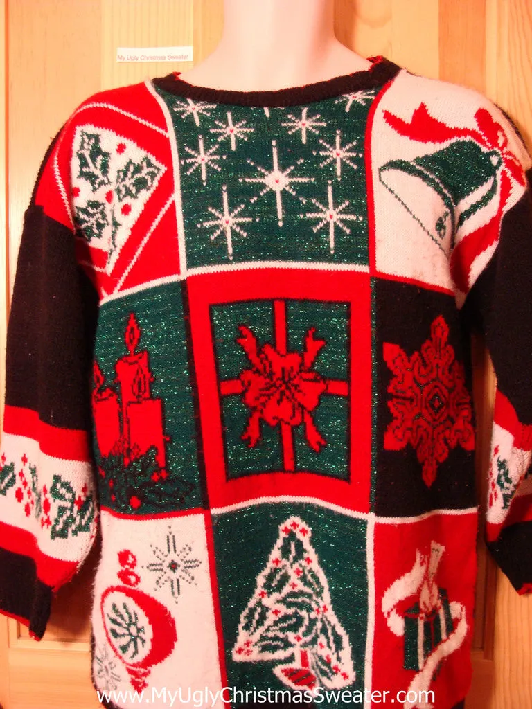 Tacky Ugly Christmas Sweater 80s Classic with Snowflakes, Tree, Bell, Candle and Ornament (f359)