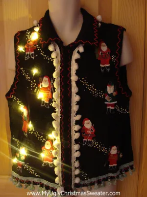 Tacky Ugly Christmas Sweater Vest with Skating Santas with Lights and Fringe (g25)