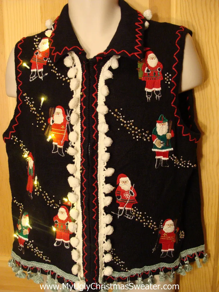 Tacky Ugly Christmas Sweater Vest with Skating Santas with Lights and Fringe (g25)