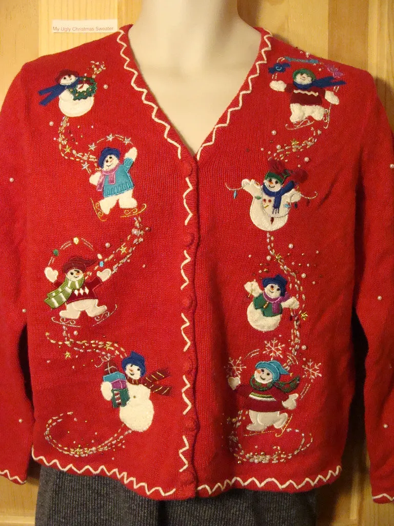 Tacky Ugly Christmas Sweater with Bead Bling Skating Snowmen (f474)