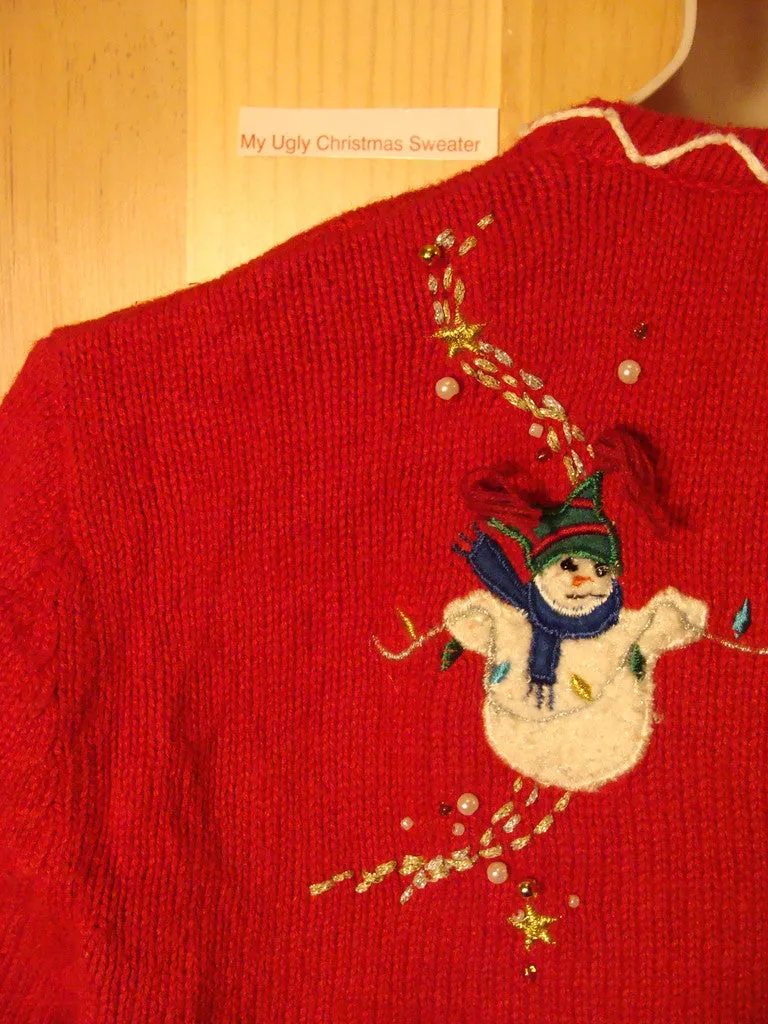 Tacky Ugly Christmas Sweater with Bead Bling Skating Snowmen (f474)