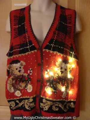 Tacky Xmas Sweater Vest Dueling Bears 80s Style with Lights (g120)