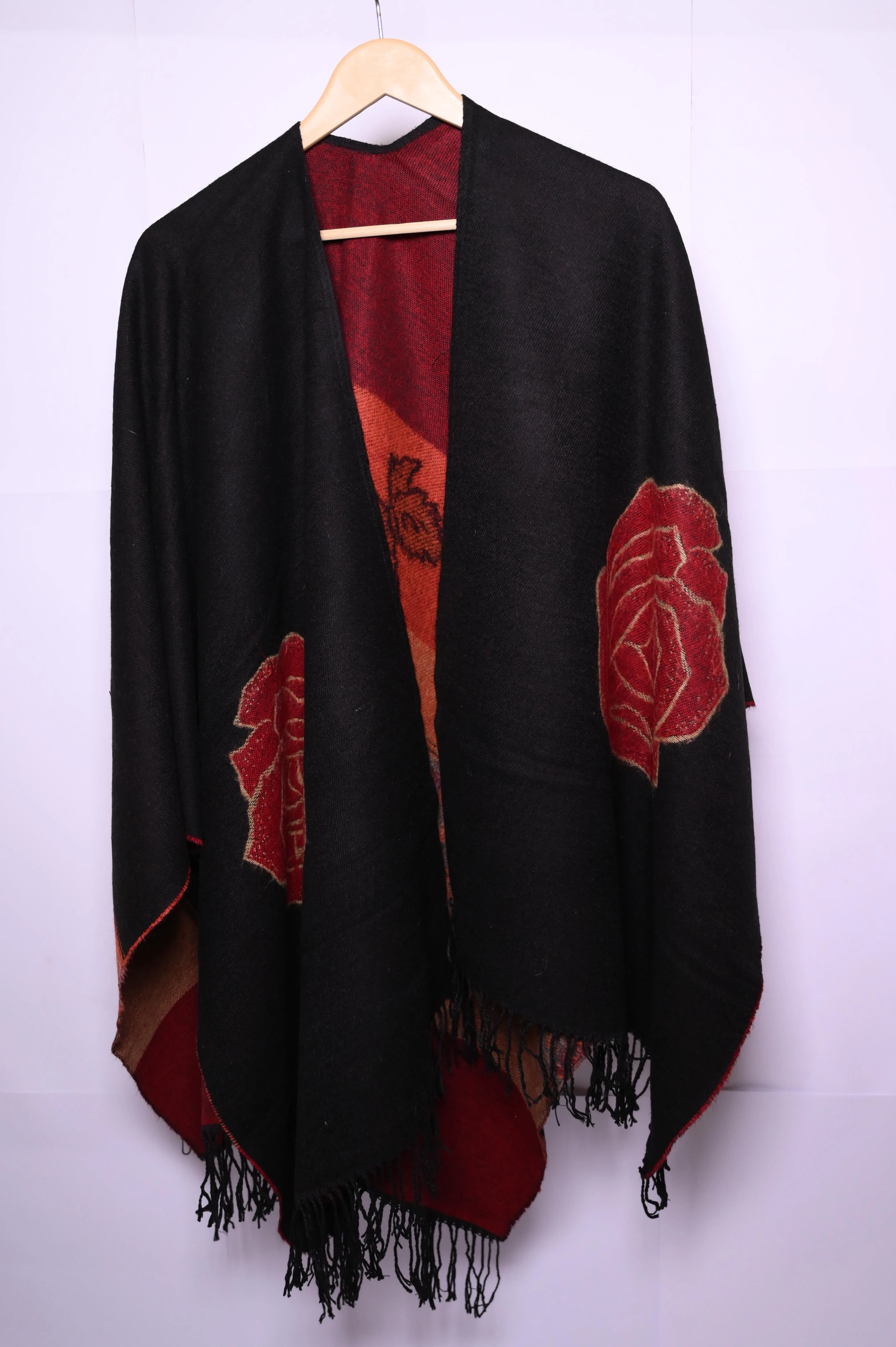 Thriftyfy Black Winter Cape with Red & Orange Roses