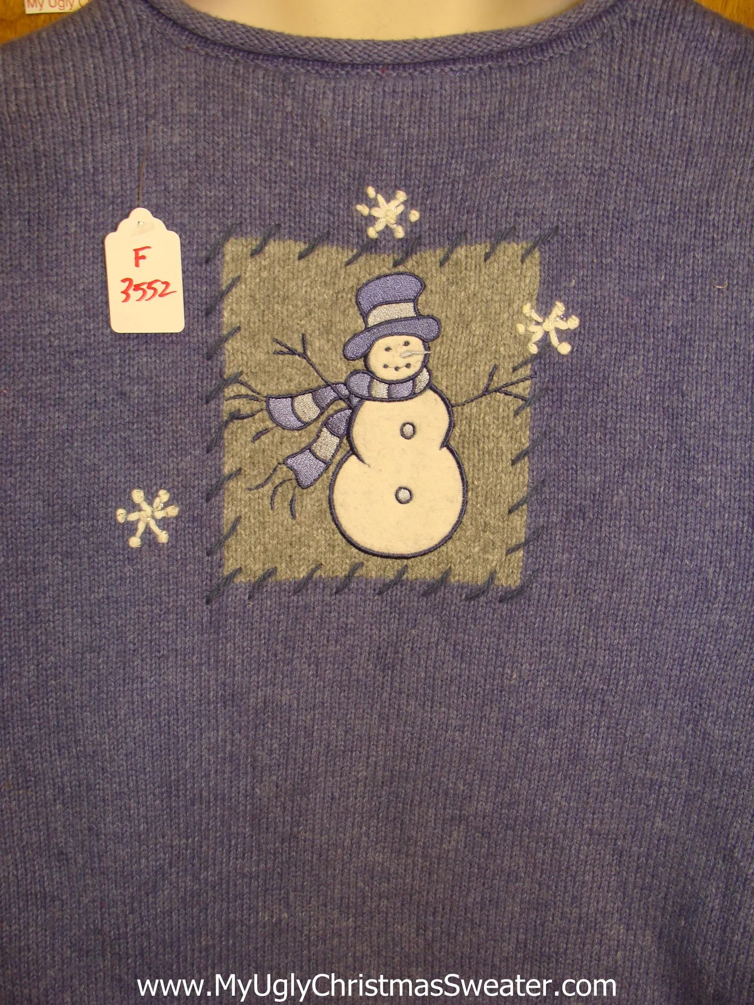 Ugly Blue Christmas Sweater with Snowmen and Fringe