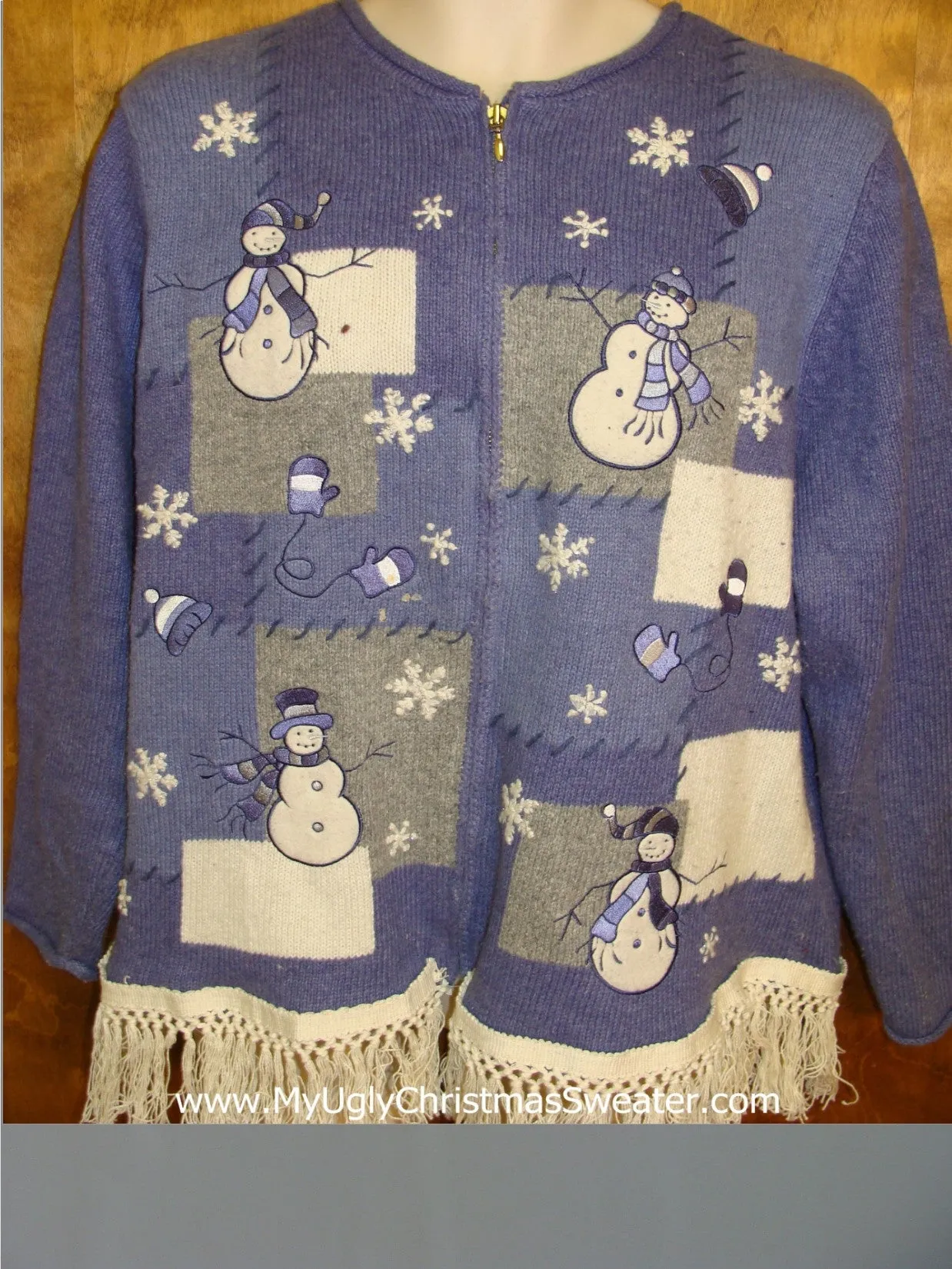 Ugly Blue Christmas Sweater with Snowmen and Fringe