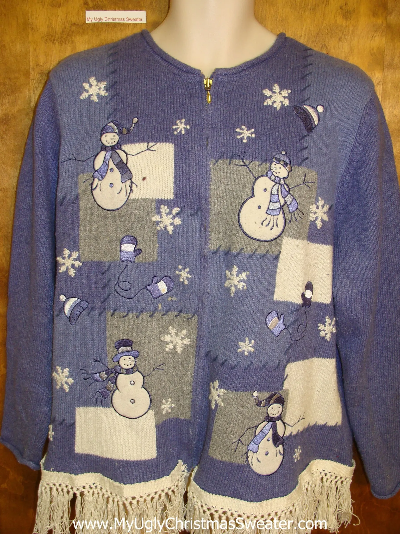 Ugly Blue Christmas Sweater with Snowmen and Fringe