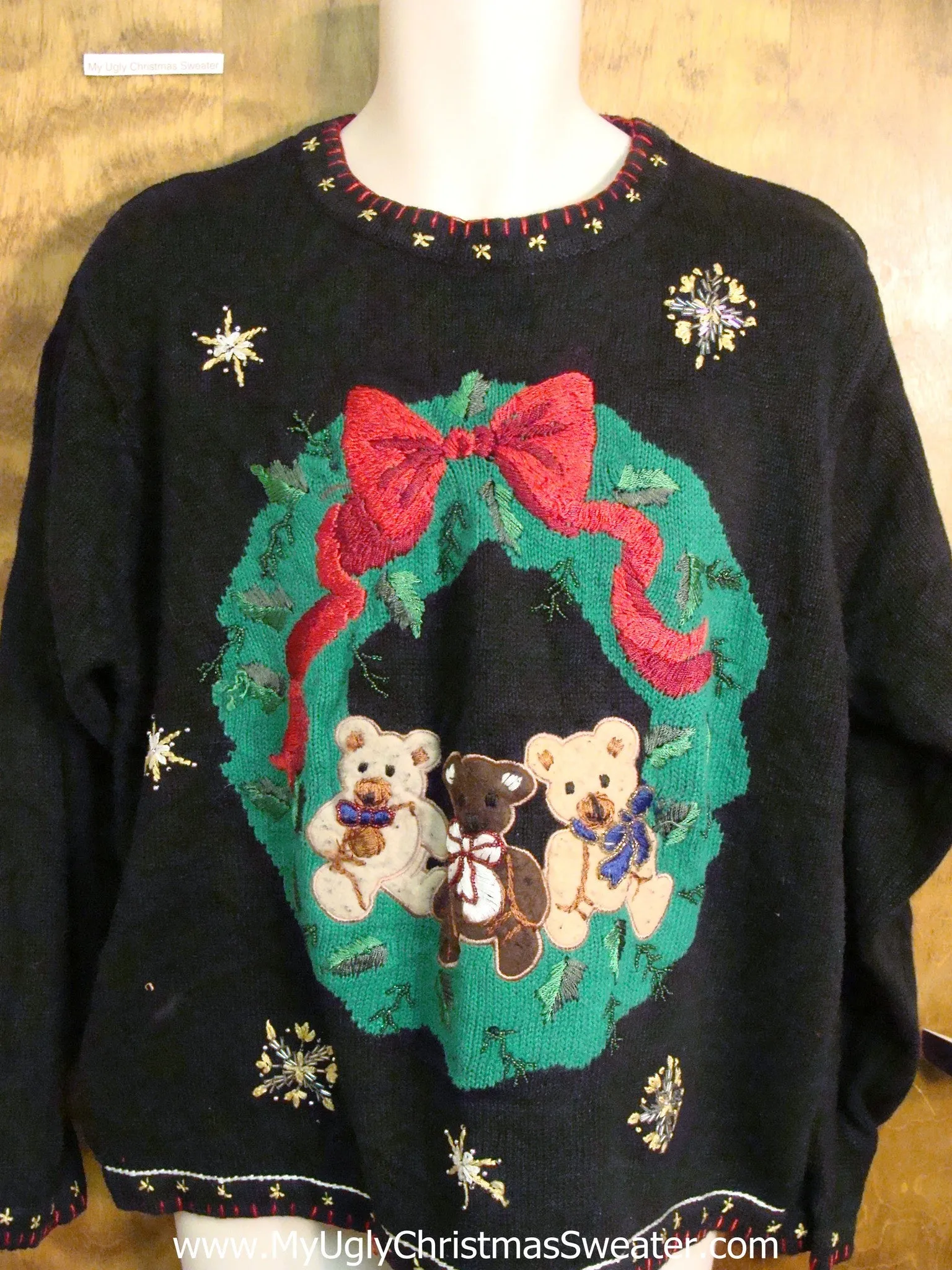 Ugly Christmas Sweater Festive Wreath and Teddy Bears