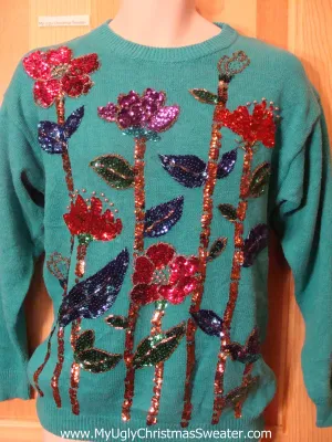 Ugly Retro 80s Sweater with Huge Bling Horrible Flowers