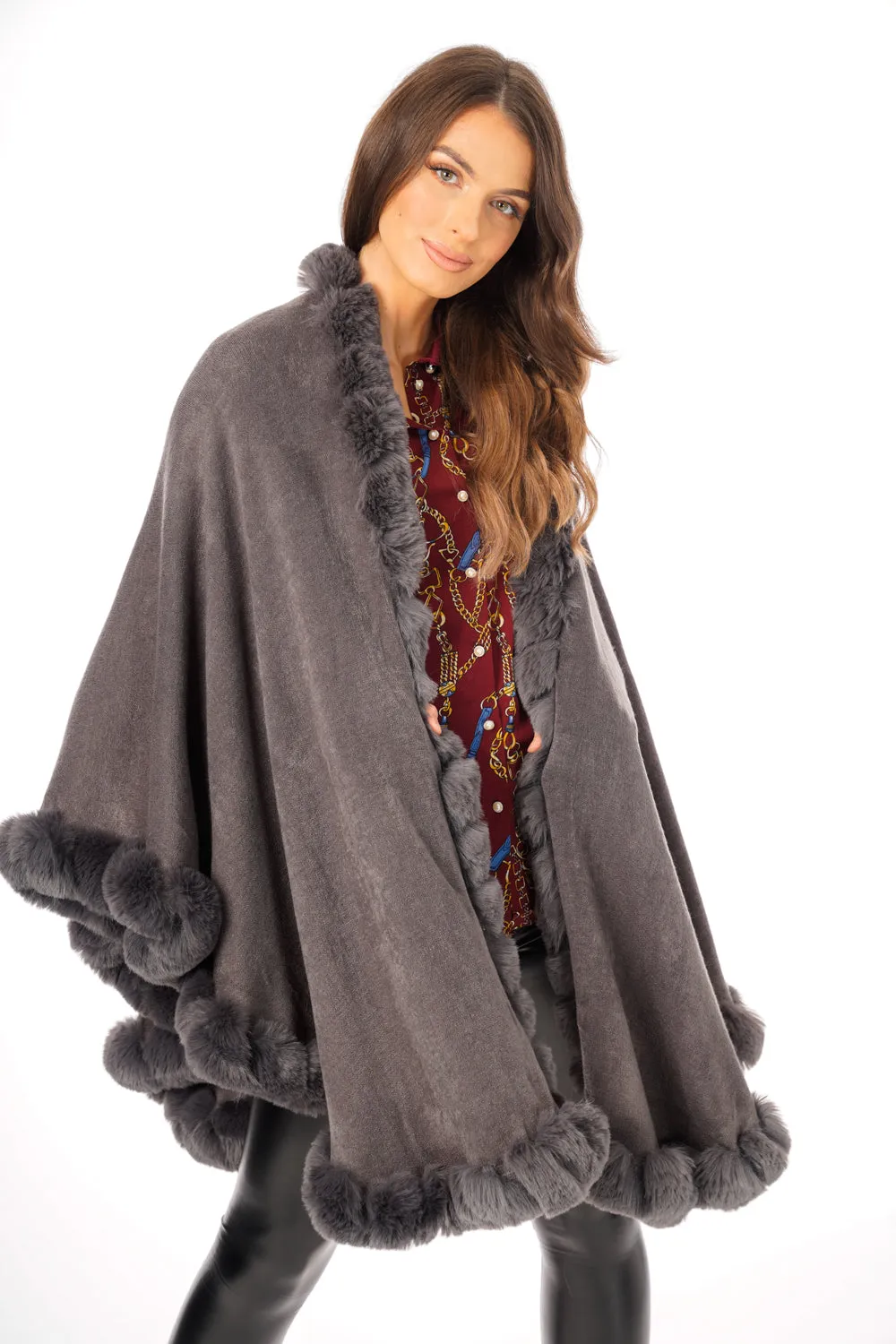 Ultra Soft Faux Fur Trim Swing Poncho Cape