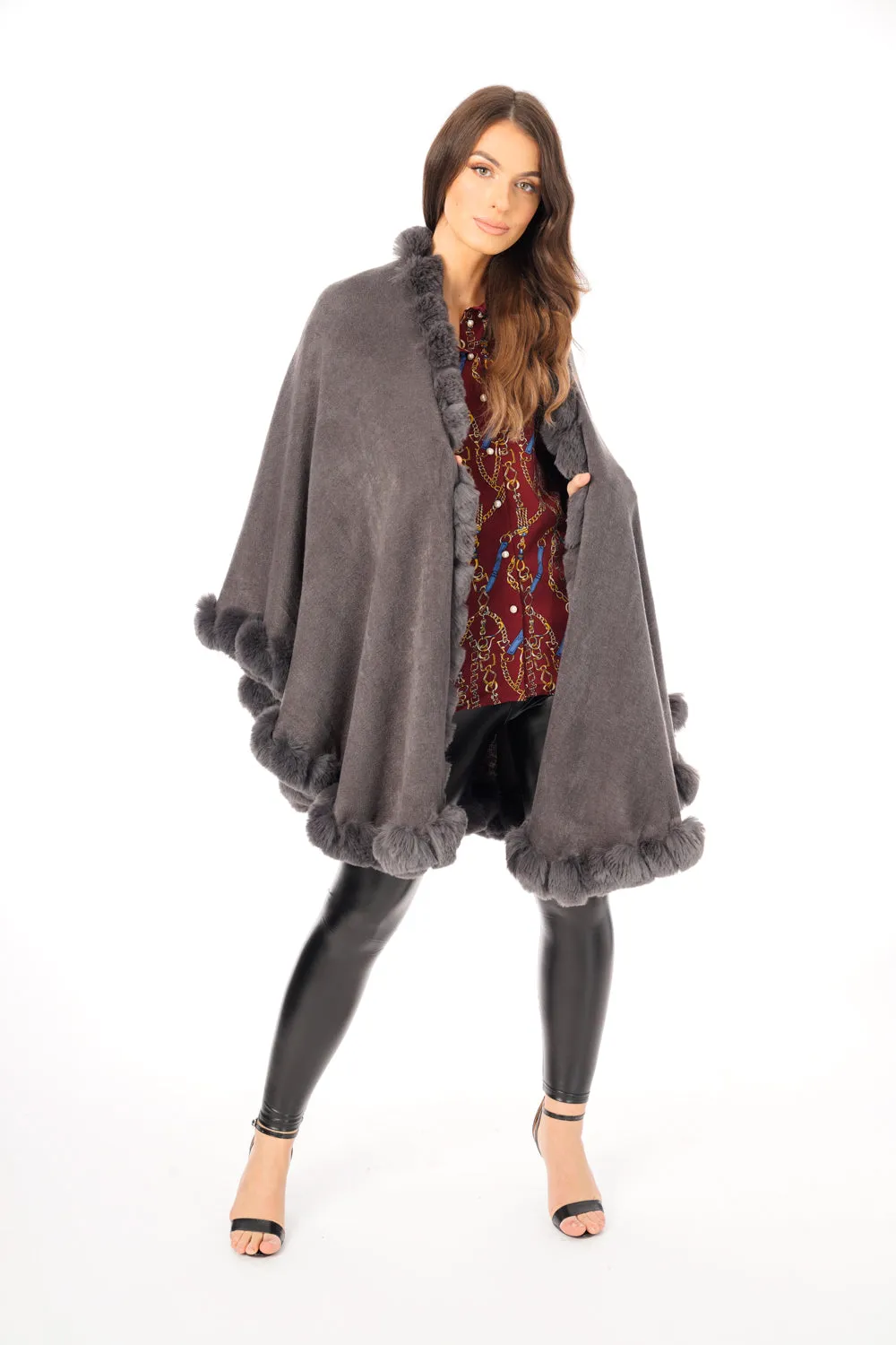 Ultra Soft Faux Fur Trim Swing Poncho Cape