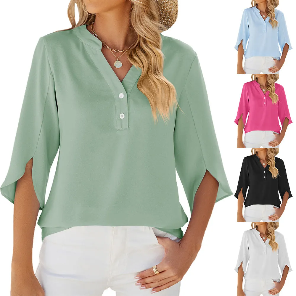 V-neck Mid-sleeve Chiffon Shirt