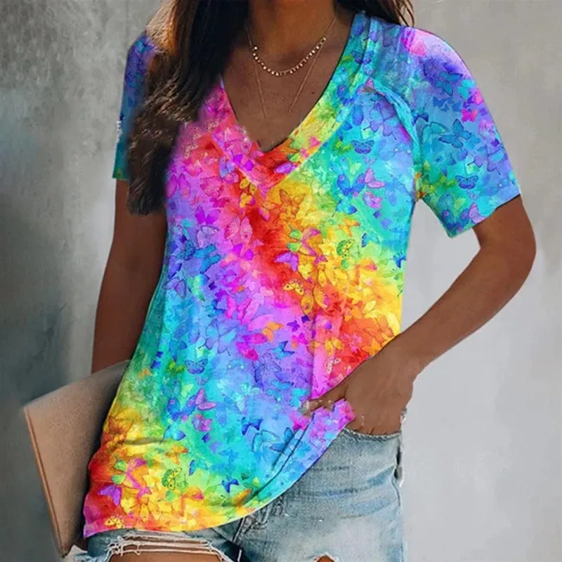 V-neck Rainbow Butterfly Printing Women's Cozy T-shirts