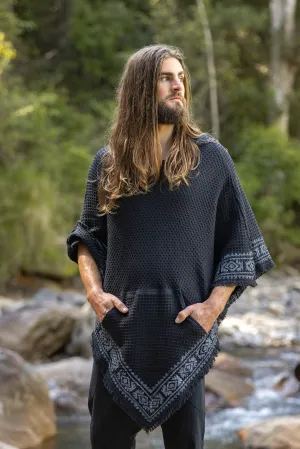 VECHO Black Mens Hooded Vegan Poncho Textured Cotton with Hood Block Printed Tribal Pattern Gypsy Festival Boho ceremony ritual AJJAYA