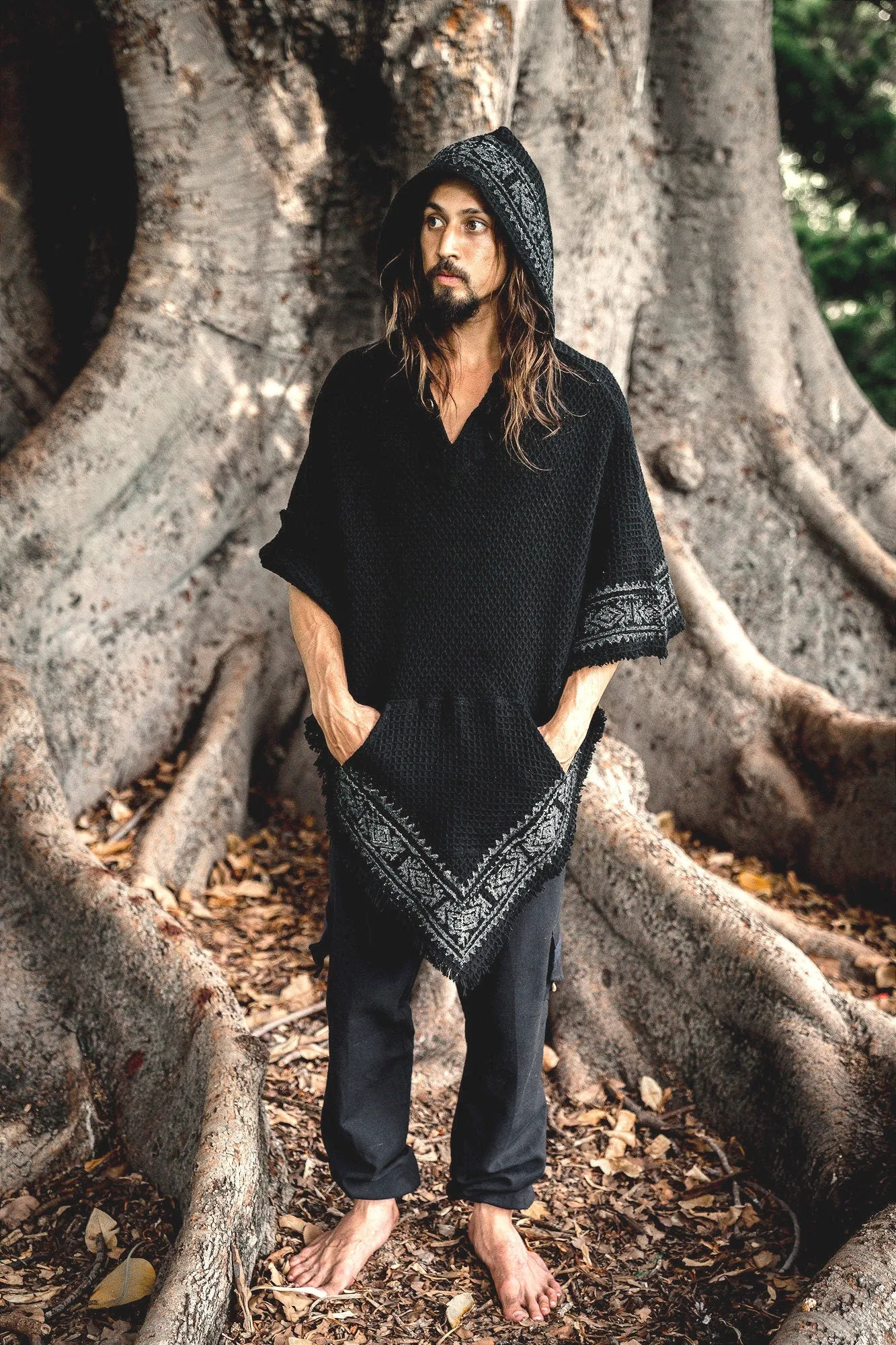 VECHO Black Mens Hooded Vegan Poncho Textured Cotton with Hood Block Printed Tribal Pattern Gypsy Festival Boho ceremony ritual AJJAYA