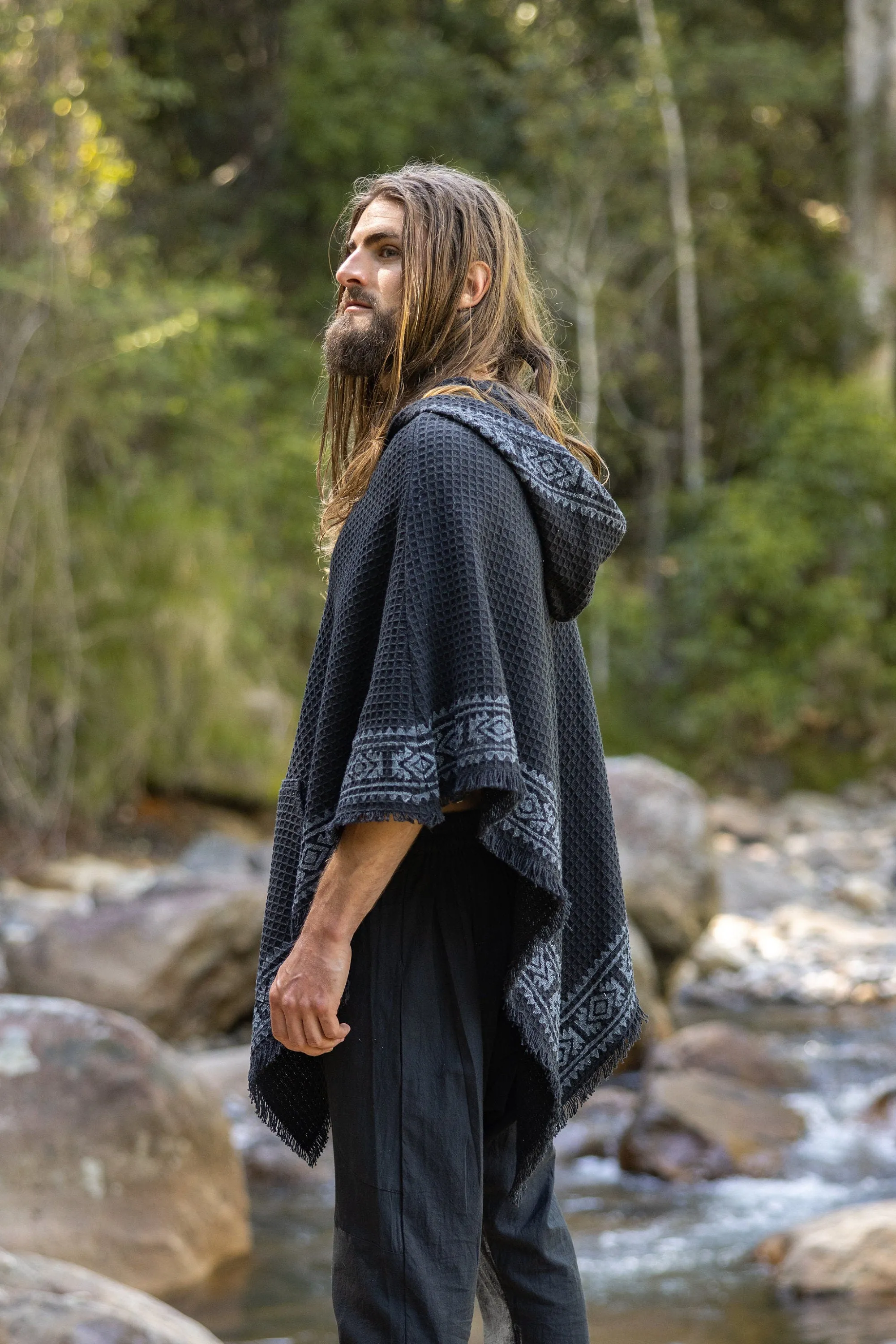 VECHO Black Mens Hooded Vegan Poncho Textured Cotton with Hood Block Printed Tribal Pattern Gypsy Festival Boho ceremony ritual AJJAYA