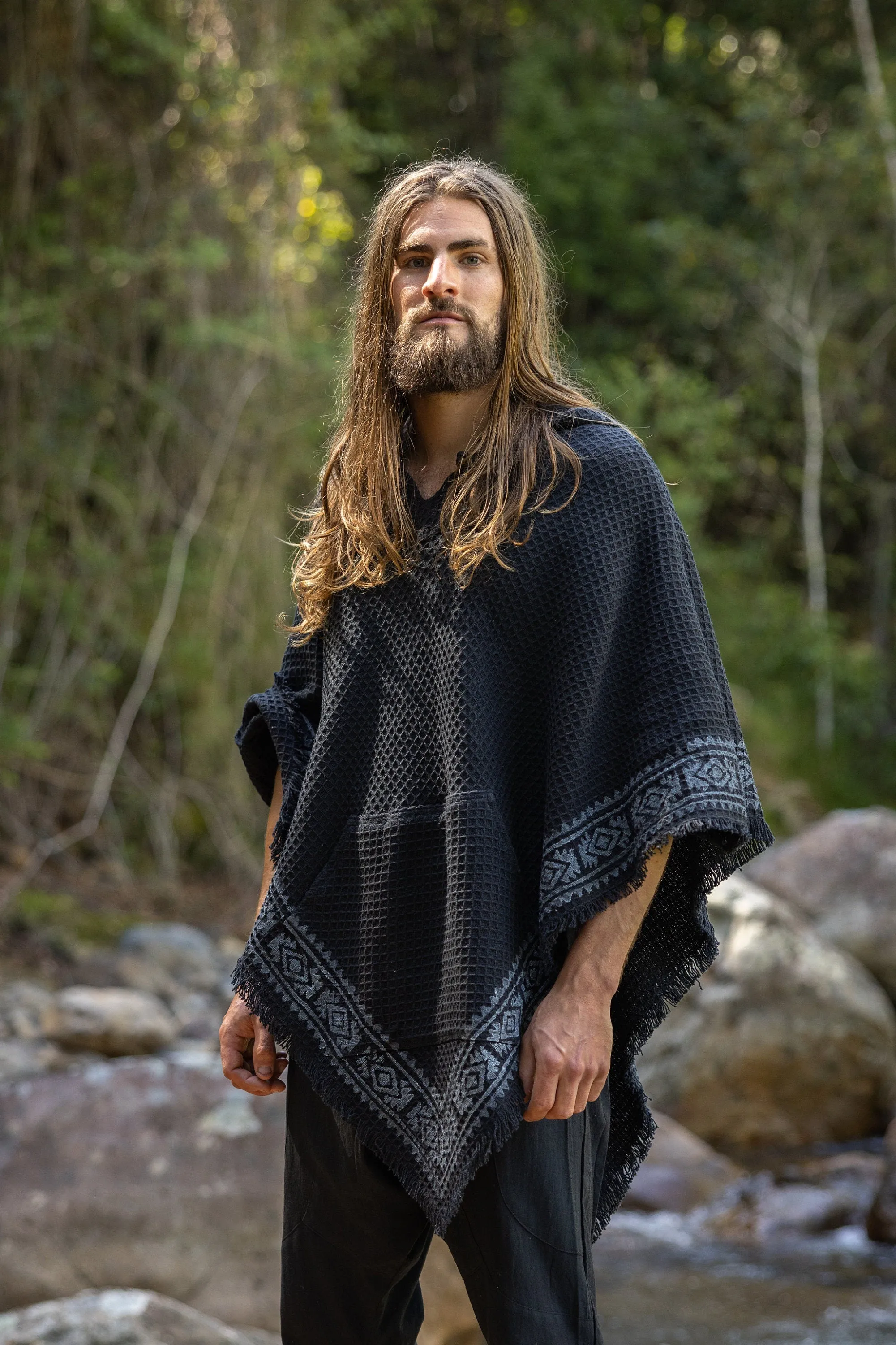 VECHO Black Mens Hooded Vegan Poncho Textured Cotton with Hood Block Printed Tribal Pattern Gypsy Festival Boho ceremony ritual AJJAYA